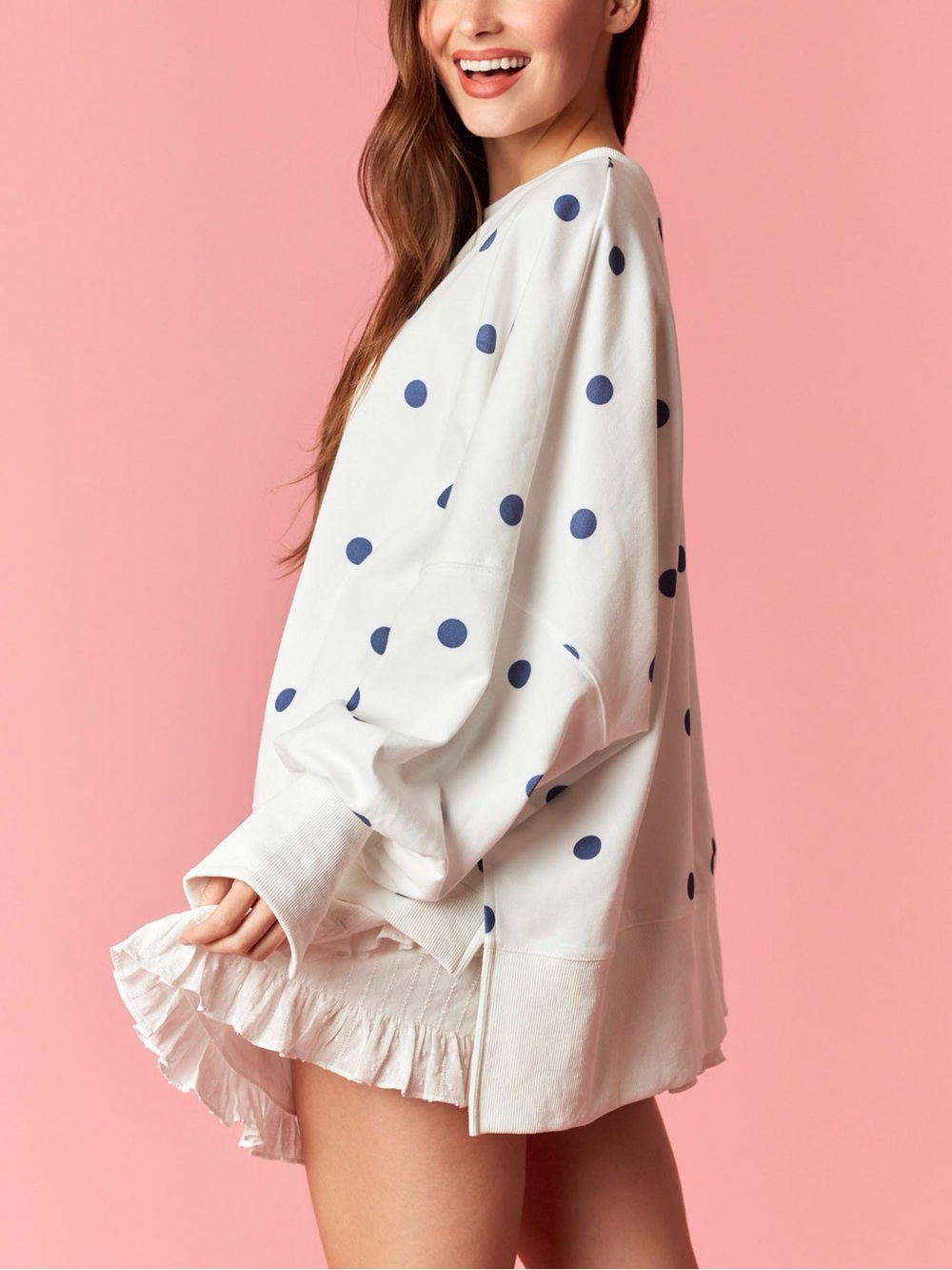 Voguish Comfy Crewneck Oversized Pullover Top - Navy Polka Dots